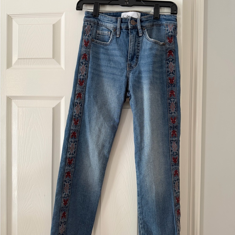 Sam Edelman Blue Straight-Leg Jeans with Red Embroidered Side Stripes